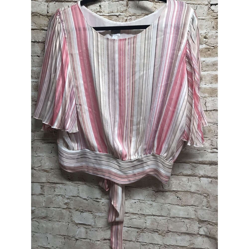 Soho NY Jeans Womens Blouse M Pink Stripe Pleated Sleeves Tie Back Bow Coquette